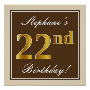 Elegant, Brown, Faux Gold 22nd Birthday + Name Poster