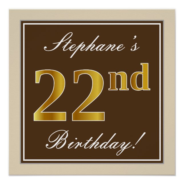 Elegant, Brown, Faux Gold 22nd Birthday + Name Poster (Front)