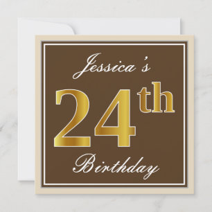 Elegant, Brown, Faux Gold 24th Birthday + Name Invitation