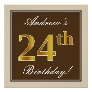 Elegant, Brown, Faux Gold 24th Birthday + Name Poster