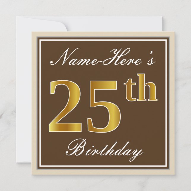 Elegant, Brown, Faux Gold 25th Birthday + Name Invitation (Front)