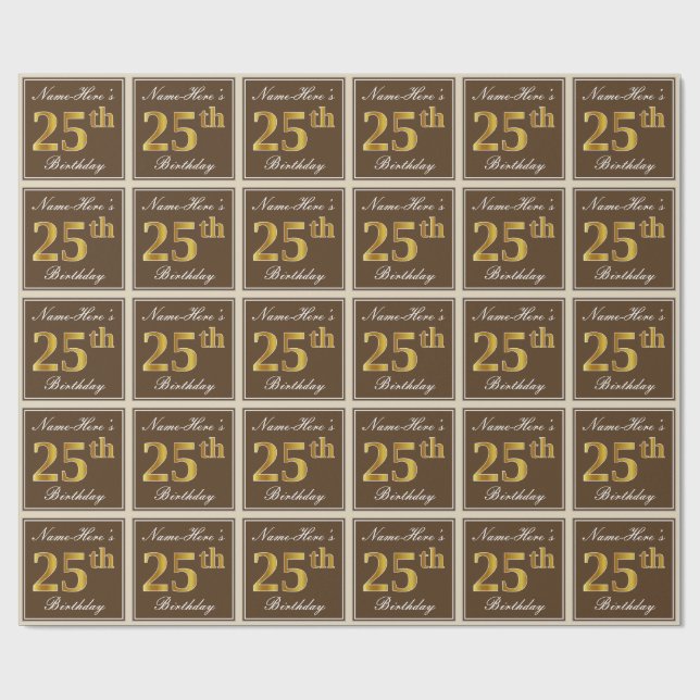 Elegant, Brown, Faux Gold 25th Birthday + Name Wrapping Paper (Flat)