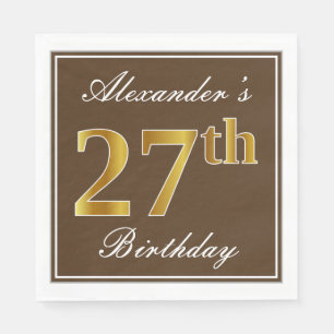 Elegant Brown, Faux Gold 27th Birthday + Name Napkin