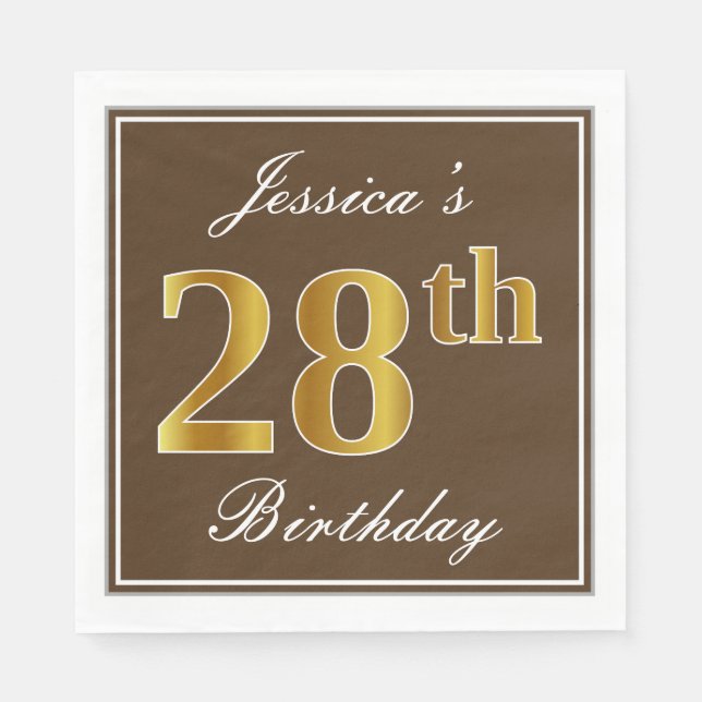 Elegant Brown, Faux Gold 28th Birthday + Name Napkin (Front)