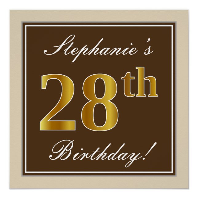 Elegant, Brown, Faux Gold 28th Birthday + Name Poster (Front)