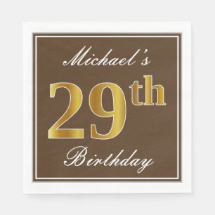 Elegant Brown, Faux Gold 29th Birthday + Name Napkin