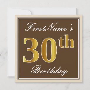 Elegant, Brown, Faux Gold 30th Birthday + Name Invitation
