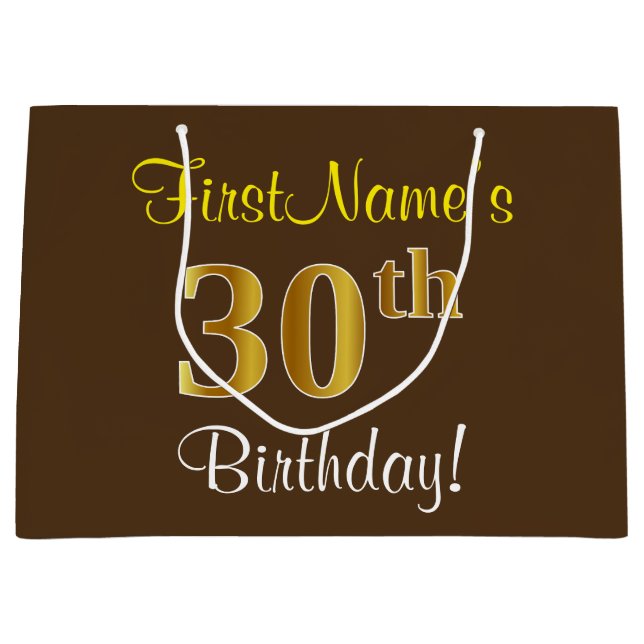 Elegant, Brown, Faux Gold 30th Birthday + Name Large Gift Bag (Front)