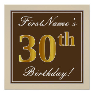 Elegant, Brown, Faux Gold 30th Birthday + Name Poster