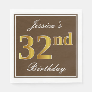 Elegant Brown, Faux Gold 32nd Birthday + Name Napkin