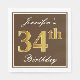 Elegant Brown, Faux Gold 34th Birthday + Name Napkin