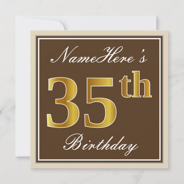 Elegant, Brown, Faux Gold 35th Birthday + Name Invitation (Front)