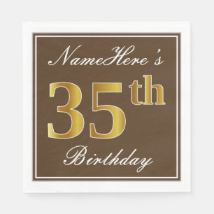 Elegant Brown, Faux Gold 35th Birthday + Name Napkin