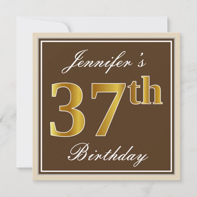 Elegant, Brown, Faux Gold 37th Birthday + Name Invitation (Front)