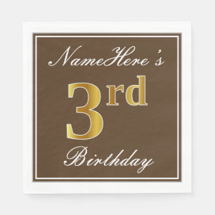 Elegant Brown, Faux Gold 3rd Birthday; Custom Name Napkin