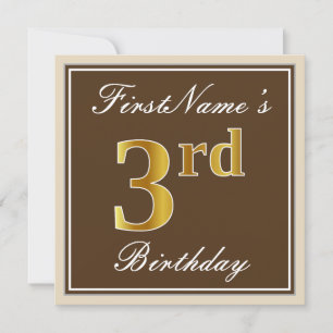 Elegant, Brown, Faux Gold 3rd Birthday + Name Invitation