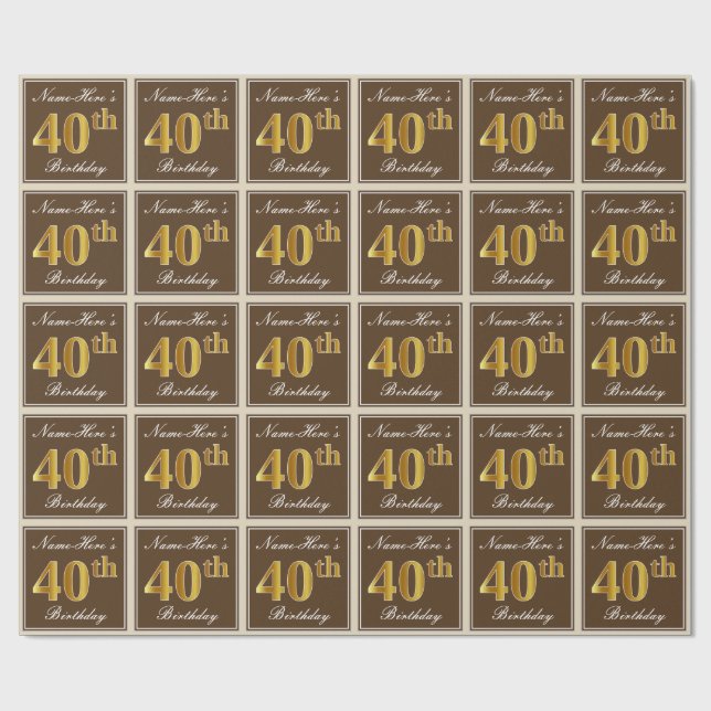 Elegant, Brown, Faux Gold 40th Birthday + Name Wrapping Paper (Flat)
