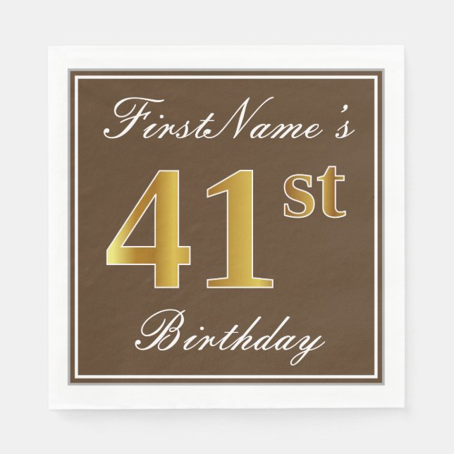 Elegant Brown, Faux Gold 41st Birthday + Name Napkin (Front)