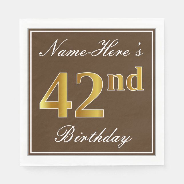 Elegant Brown, Faux Gold 42nd Birthday + Name Napkin (Front)