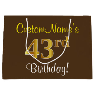 Elegant, Brown, Faux Gold 43rd Birthday + Name Large Gift Bag