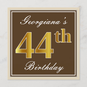Elegant, Brown, Faux Gold 44th Birthday + Name Invitation
