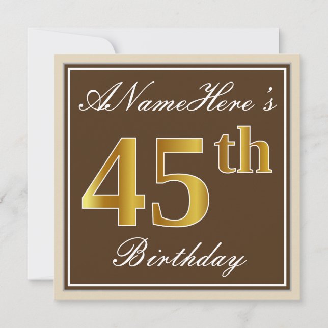 Elegant, Brown, Faux Gold 45th Birthday + Name Invitation (Front)