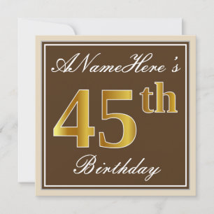 Elegant, Brown, Faux Gold 45th Birthday + Name Invitation