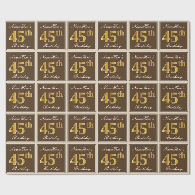 Elegant, Brown, Faux Gold 45th Birthday + Name Wrapping Paper (Flat)