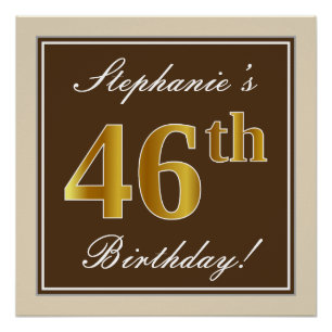 Elegant, Brown, Faux Gold 46th Birthday + Name Poster