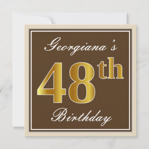 Elegant, Brown, Faux Gold 48th Birthday + Name Invitation