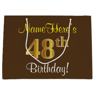 Elegant, Brown, Faux Gold 48th Birthday + Name Large Gift Bag