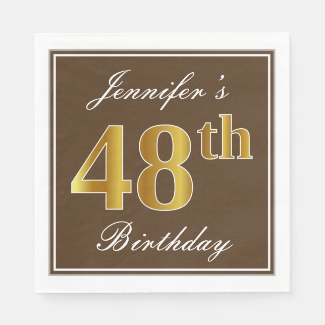 Elegant Brown, Faux Gold 48th Birthday + Name Napkin (Front)