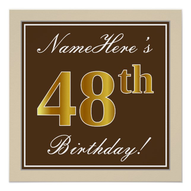 Elegant, Brown, Faux Gold 48th Birthday + Name Poster (Front)