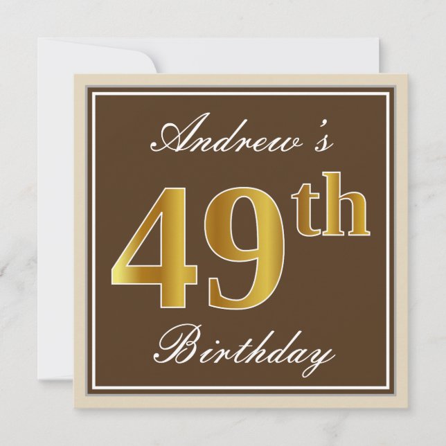 Elegant, Brown, Faux Gold 49th Birthday + Name Invitation (Front)