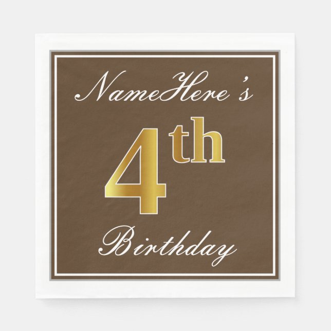 Elegant Brown, Faux Gold 4th Birthday; Custom Name Napkin (Front)