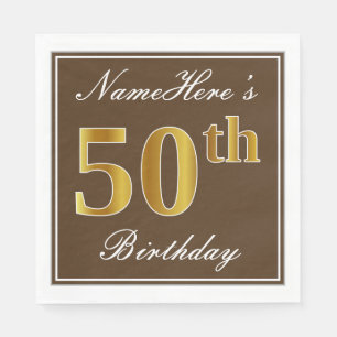 Elegant Brown, Faux Gold 50th Birthday + Name Napkin