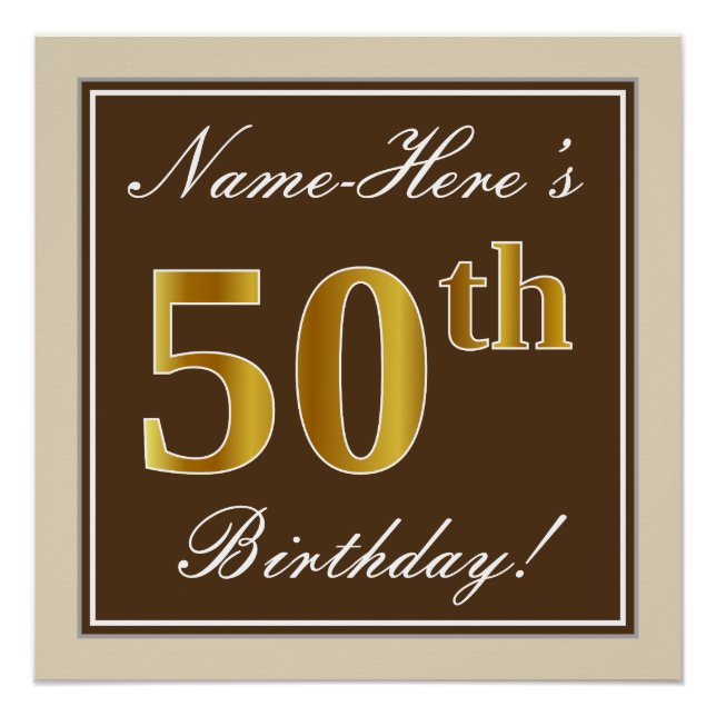 Elegant, Brown, Faux Gold 50th Birthday + Name Poster (Front)