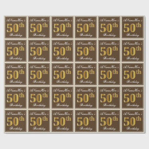 Elegant, Brown, Faux Gold 50th Birthday + Name Wrapping Paper