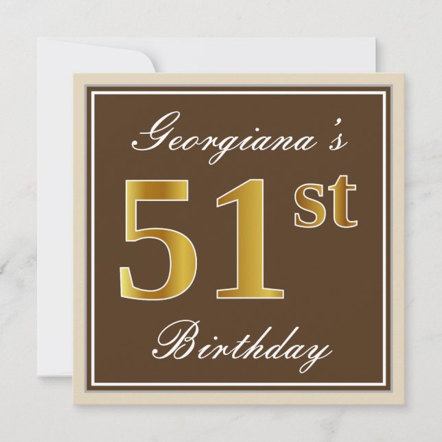 Elegant, Brown, Faux Gold 51st Birthday + Name Invitation (Front)