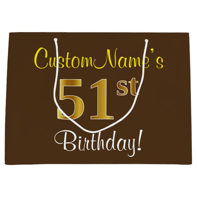 Elegant, Brown, Faux Gold 51st Birthday + Name Large Gift Bag (Front)