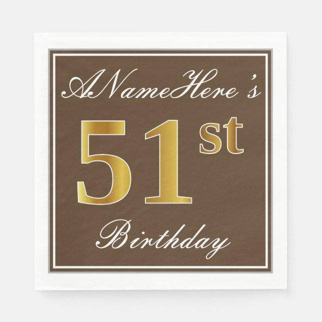 Elegant Brown, Faux Gold 51st Birthday + Name Napkin (Front)