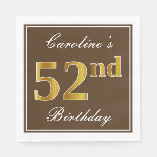 Elegant Brown, Faux Gold 52nd Birthday + Name Napkin