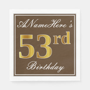 Elegant Brown, Faux Gold 53rd Birthday + Name Napkin