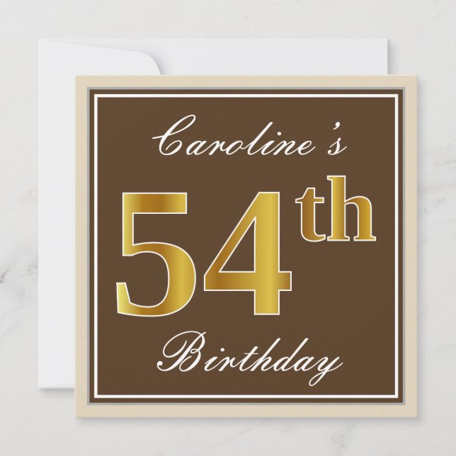 Elegant, Brown, Faux Gold 54th Birthday + Name Invitation (Front)