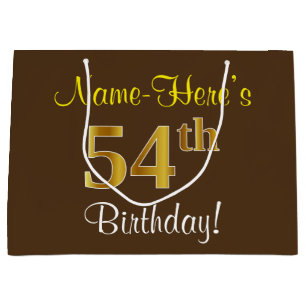 Elegant, Brown, Faux Gold 54th Birthday + Name Large Gift Bag