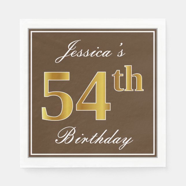 Elegant Brown, Faux Gold 54th Birthday + Name Napkin (Front)