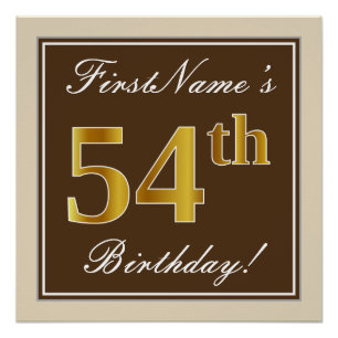 Elegant, Brown, Faux Gold 54th Birthday + Name Poster
