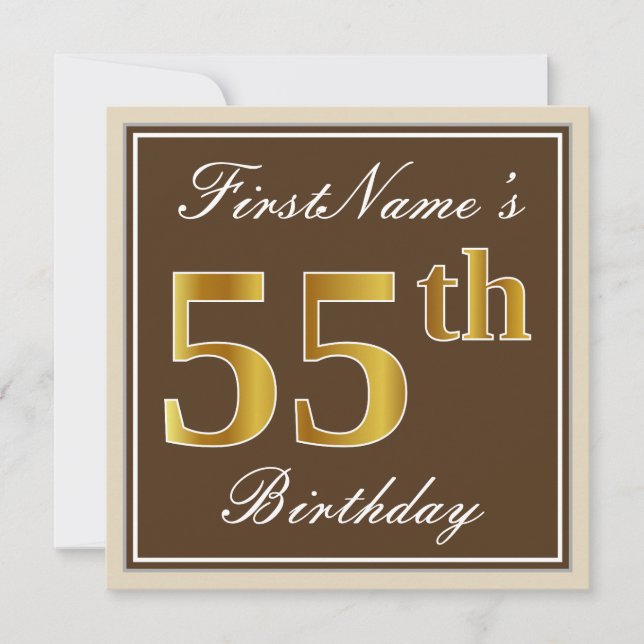 Elegant, Brown, Faux Gold 55th Birthday + Name Invitation (Front)