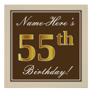 Elegant, Brown, Faux Gold 55th Birthday + Name Poster