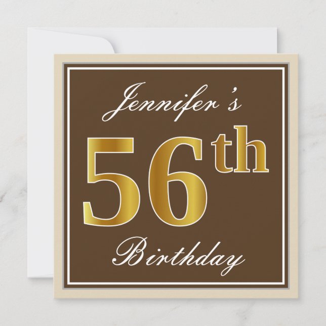 Elegant, Brown, Faux Gold 56th Birthday + Name Invitation (Front)
